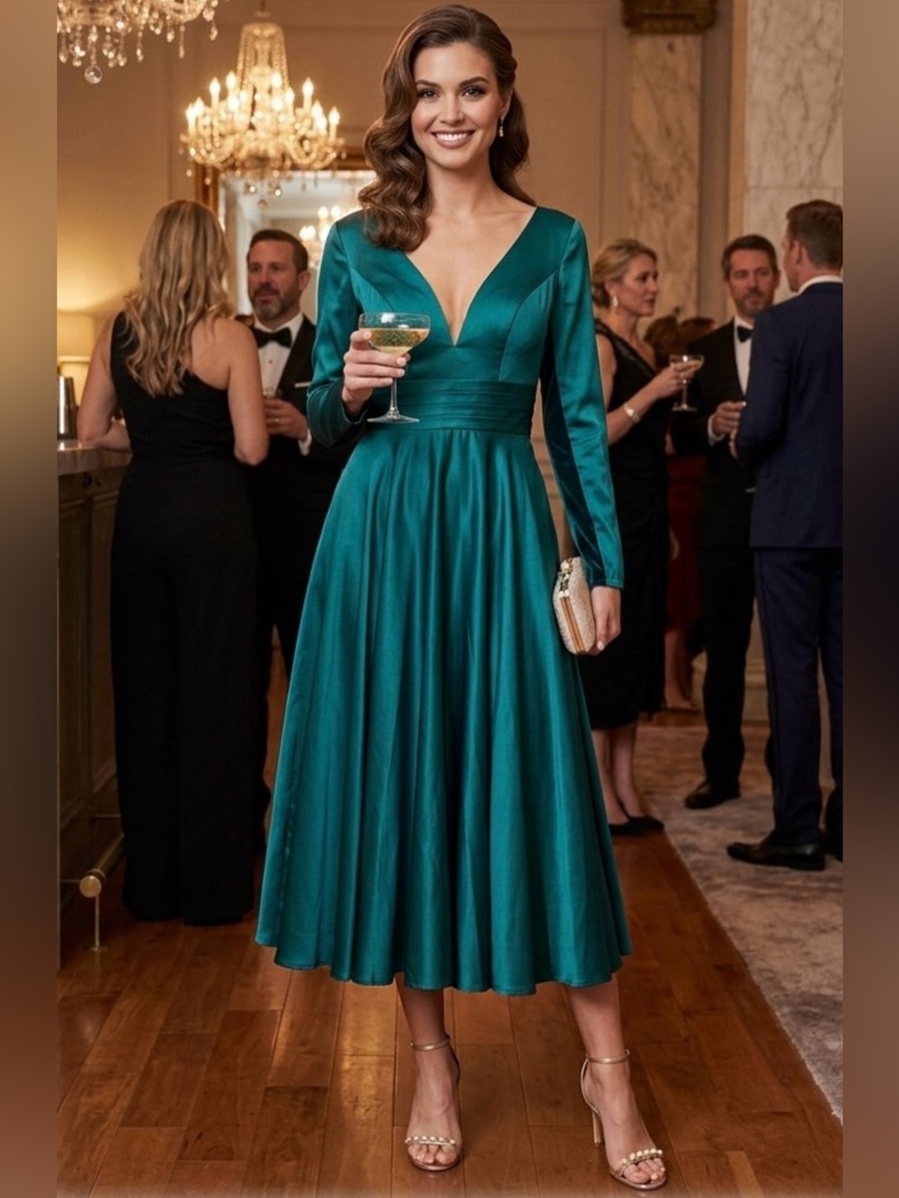 Mac Duggal Ieena Emerald Green Satin V-Neck Long-Sleeve Midi Cocktail Dress